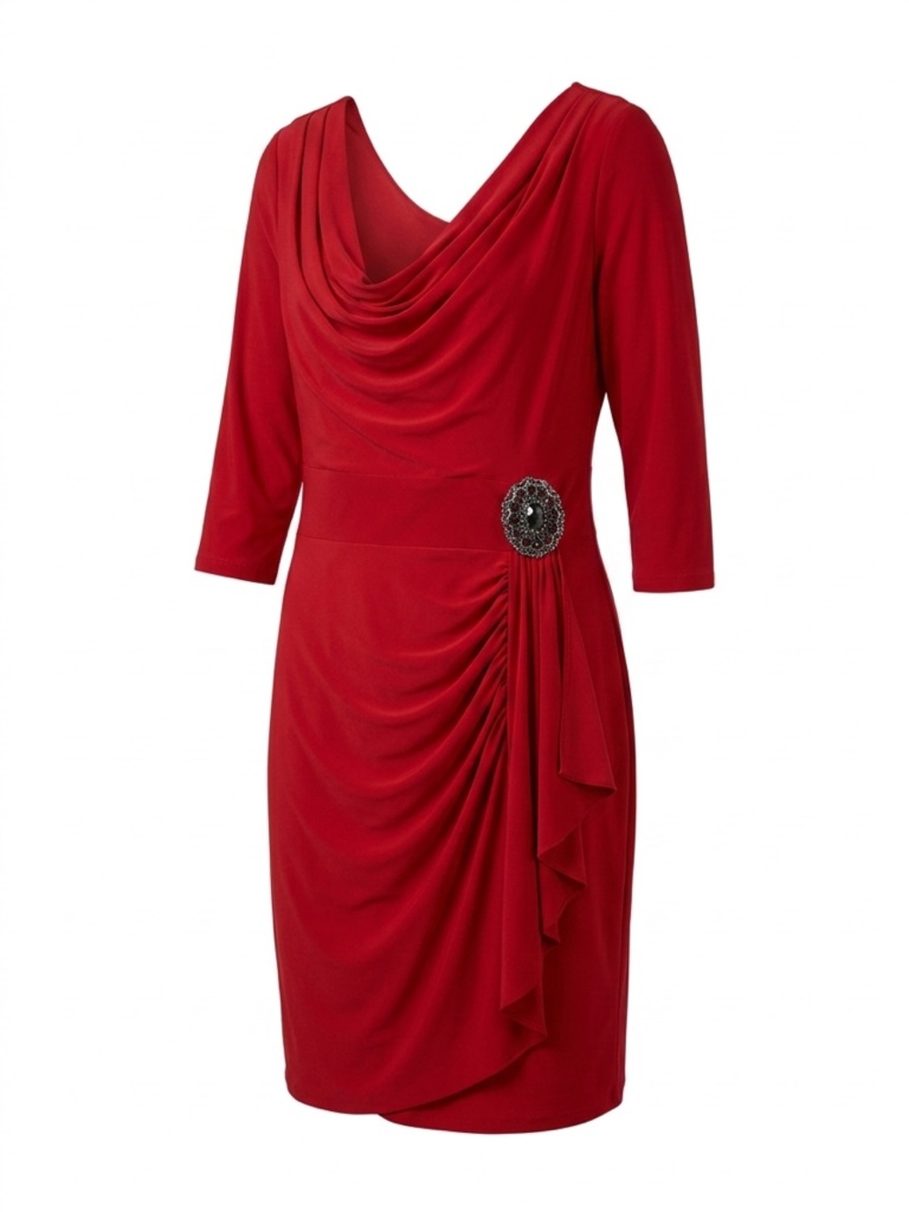 Signature Red Draped Midi Dress with Decorative Brooch - Picture 1 of 5